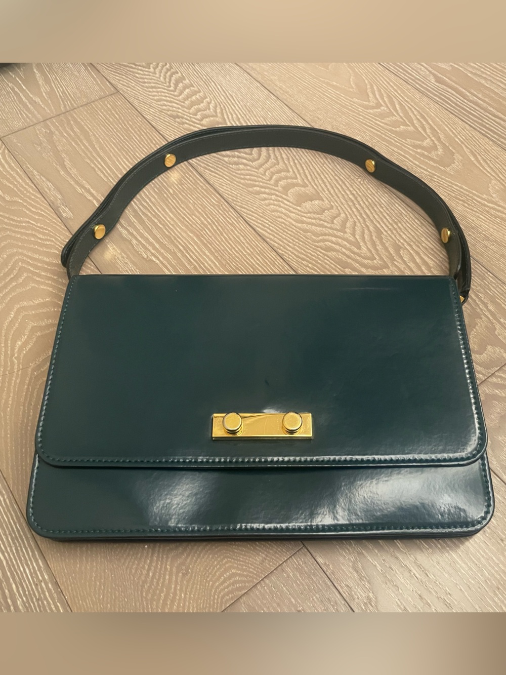 Marni Caddy Dark Teal Leather Shoulder Bag with Gold Hardware Quiet Luxury